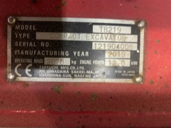 Mini-pelle Takeuchi TB219 – 2019 – 1 907 h – Occasion
